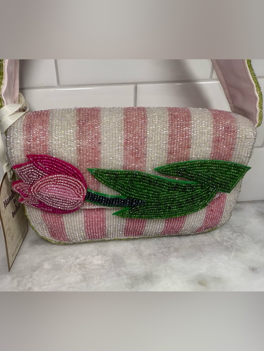 NEW RELEASE Made In India Beaded Floral Tulip Bag Pink White Stripe NWT